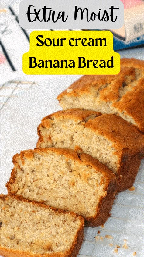 Banana Bread with Sour Cream Moist Banana Bread Recipe Sour Cream, Banana Bread With Sour Cream, Sour Cream Banana Muffins, Bread With Sour Cream, Banana Sour Cream Cake, Cream Bread Recipe, Super Moist Banana Bread, Sour Cream Banana Bread, Healthy Banana Muffins