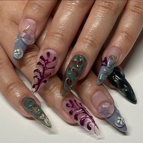 Ocean Themed Nails, Ocean Inspired Nails, Lexi Nails, Nail Inspo Nail Art, Beach Themed Nails, Themed Nails, Long Nail Art, Retro Nails, Pretty Gel Nails