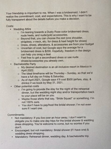 Bride-to-be shared a 2-page list of expectations for bridesmaids: Genius or rude? Ask Bridesmaids To Be In Wedding, Bridesmaid Letter, Rose Colored Dress, Wedding Cake Display, Proposal Letter, Asking Bridesmaids, Bridesmaid Invitation, Designer Bridesmaid Dresses, Plan My Wedding