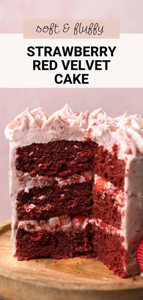 This strawberry red velvet cake has an ultra-moist and velvety texture! It has tangy strawberry cream cheese frosting and is filled with real chopped strawberries. It's a pretty pink cake that is perfect served for Valentine's Day, at birthday parties, or at any special event. Red Velvet Cake With Strawberry Filling, Fillings For Red Velvet Cake, Strawberry Cream Cheese Frosting Cake, Strawberry Gateau Cake, Light And Fluffy Chocolate Cake, Chocolate Cake With Strawberry Icing, Red Velvet Cherry Cake, Waldorf Astoria Red Velvet Cake, Strawberry Velvet Cake Recipe