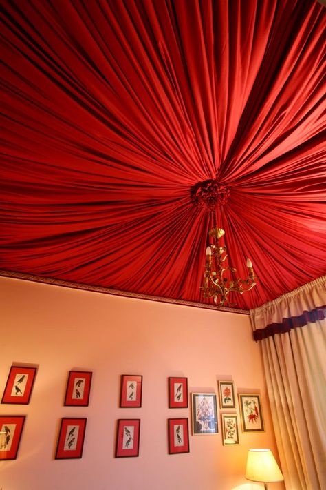 Glam Touch Tented Ceiling Diy, Tented Ceiling Bedroom, Fabric On Ceiling Bedroom, Canopy Ceiling Draping, Fabric On Ceiling, Red And Pink Bedroom, Tented Ceiling, Draped Ceiling, Bedroom Tent