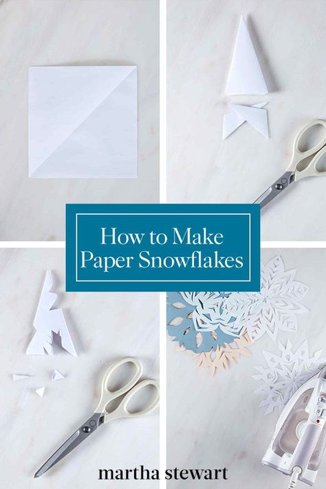 How to Make Paper Snowflakes | A few quick snips with the tips of your scissors is all it takes to make a paper snowflake.  There are countless ways to design them freehand, although you can use one of our printable templates. Cut out a flurry. Then together, the family can decorate a Christmas tree, gifts, windows, and walls.  #christmascrafts #diyholidaydecor #marthastewart How To Cut Out Paper Snowflakes, Best Paper Snowflakes, Cut Snowflakes For Kids, How To Do Snowflakes Paper, Snow Flake Paper Cut, Paper Snowflake Wall Decor, Cut Snowflake Patterns, Snowflake Window Decorations, Snowflake Cut Outs