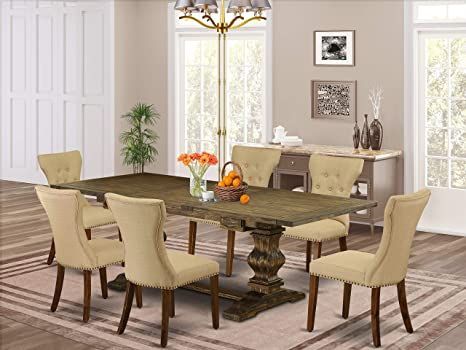 East West Furniture LAGA7-78-03 7-Piece Dining Table Set - 6 Dining Chairs with Brown Linen Fabric Back and Seat - Dining Table with Pedestal Legs - Antique Walnut & Distressed Jacobean Finish Wooden Dining Room Table, Fabric Kitchen Chairs, Fabric Dining Room Chairs, Mid Century Dining Table, Modern Dining Table Set, Kitchen Table Wood, Dinette Tables, Solid Wood Dining Set, Dining Furniture Sets