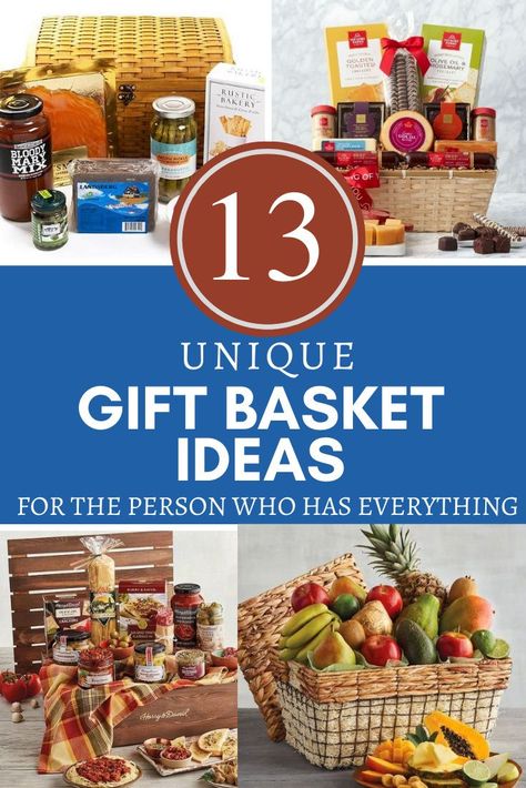 Everyone loves a good gift basket, and there are gift basket ideas for just about any interest. If you’ve been giving the classic fruit basket, or crackers, salami, and cheese baskets over and over, maybe it’s time to think outside of the box a little. Or, if you want to stick with the classics, find the king of ‘em all. Check out 13 Unique Gift Basket Ideas for the Person Who Has Everything! Pin this now! #gift #giftbasket #giftideas Fruits Basket Ideas Gift, Chili Basket Gift, Cheese And Cracker Gift Basket Ideas, Italian Theme Gift Basket Ideas, Healthy Food Gift Basket Ideas, Cheese Hamper Ideas, Bonfire Gift Basket Ideas, Snack Baskets Ideas, Food Themed Gift Baskets