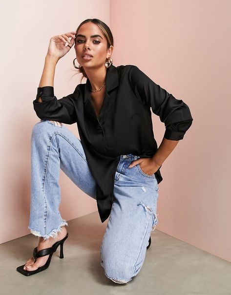 Black Satin Shirt Outfit, Brown Blouses, Satin Shirt Outfit, Black Satin Shirt, Black Silk Shirt, Satin Noir, Denim Outfits, Brown Blouse, Poplin Top