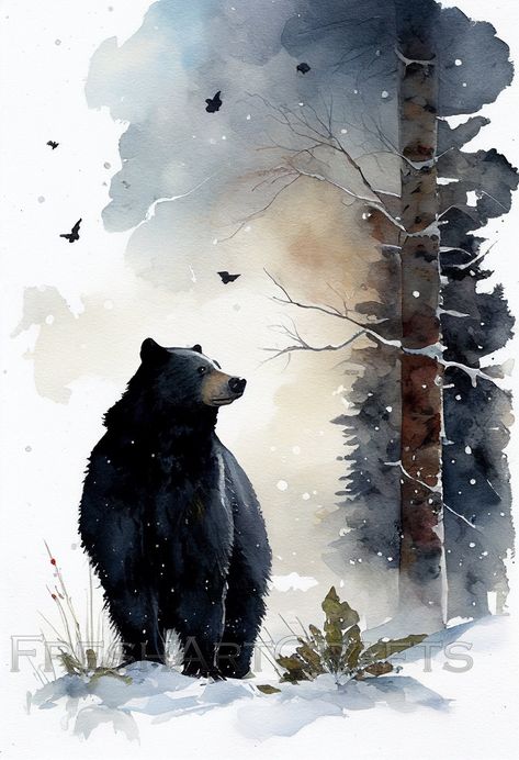 Watercolor Bear Paintings, Whimsical Bear Art, Art With Branches, Black Bear Pictures, Black Bear Illustration, Bear Acrylic Painting, Winter Watercolor Paintings, Black Bear Painting, Winter Painting Ideas