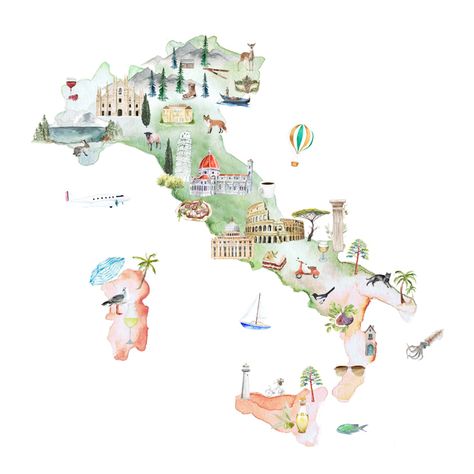 Map Of Italy Aesthetic, Italy Map Aesthetic, Italy Map Illustration, Italy Illustration Art, Italy Landmarks, Italy Map Art, Italy Drawing, Philadelphia Travel, Italy Watercolor