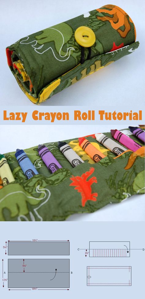 Lazy Crayon Roll Tutorial Crayon Holder Sewing Pattern, Diy Crayon Holder Fabric, Crayon Bag Pattern, Crayon Caddy Diy, Crayon Holders To Sew, Crayon Roll Up Pattern Free, Roll Up Pencil Case Diy Free Pattern, Crayon Holder Diy, Shoebox Diy