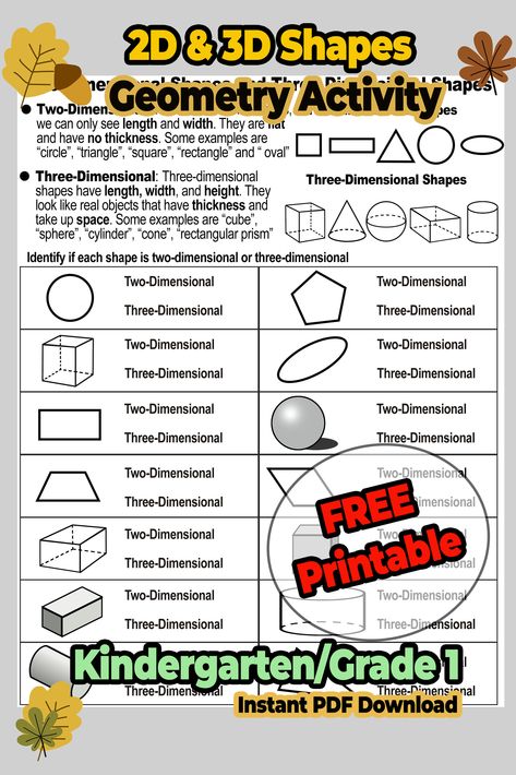 Spark your child's curiosity with geometry! Dive into the world of shapes and dimensions with our engaging worksheets. Explore 2D and 3D shapes, count sides and vertices, learn about edges, faces, and vertices, identify and compare shapes, and understand their unique attributes. Perfect for kindergarten and grade 1 students. Download our free printable worksheets and make learning math an exciting adventure! 🔳🔺🔵 #GeometryFun #2DShapes #3DShapes #FreePrintables #MathWorksheets 2d 3d Shapes, 3d Shapes Activities, 3d Shapes Worksheets, Free Kindergarten Printables, Geometry Activities, Rectangular Prism, Geometry Worksheets, 2d And 3d Shapes, Dimensional Shapes