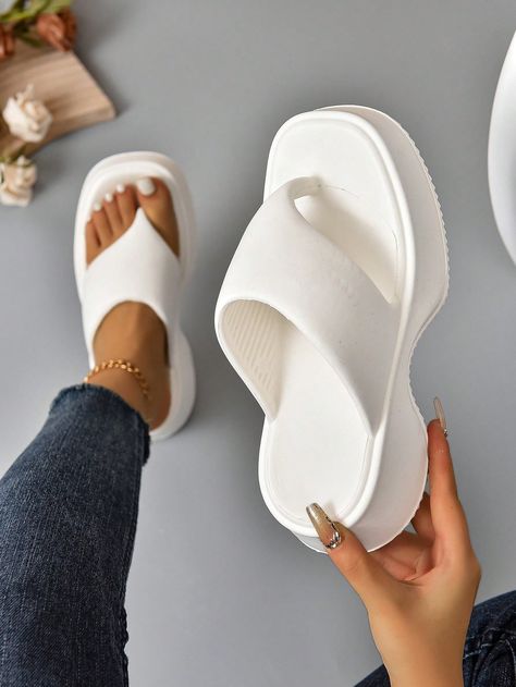 White Fashionable Collar   Plain Flip Flops Embellished   Women Shoes Platform Wedge Sandals, Summer Style Casual, Platform Wedges, Flip Flop, Flip Flop Sandals, Platform Sandals, Fashion Online Shop, Summer Casual, Wedge Sandals