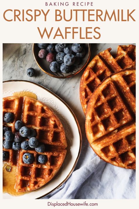 The BEST crispy buttermilk waffle recipe! Nothing fancy, just some pantry basics deliver a waffle that's crispy on the outside, soft and delicious on the inside. We love to pile them high with blueberries, drizzle with maple syrup and dust with powdered sugar. Crispy Buttermilk Waffles, Best Crispy Waffle Recipe, Waffle Recipe Crispy, Crispy Waffle Recipe, Buttermilk Waffle Recipe, Buttermilk Waffle, Buttermilk Waffles Recipe, Pantry Basics, Crispy Waffles