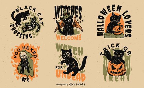 Black cat witch animal halloween set Witch T Shirts, Halloween T Shirt Design, Halloween Design Illustration, Halloween Design Graphic, T Shirt Designs Graphics, Witch Animal, Clown Motel, Halloween Ads, Halloween Graphic Design