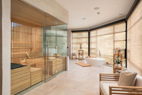 Sauna with all-glass front. #health #wellness #wellbeing #sauna #finnleo #finnleosauna #customsauna #homesauna #spa #homespa #relaxation #saunadesign #homeinspo #bathinspo Wellness Room At Home, Cyprus House, Spa Relaxation Room, Luxury Home Spa, Sauna Bathroom Design, Home Spa Room, Wellness Room, Spa Interior Design, Room Gym