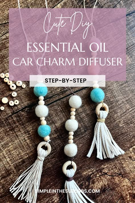 Picture of 3 car charm essential oil diffusers on wood table Car Scent Diy Essential Oils, Felt Diffuser Diy, Macrame Oil Diffuser Car, Homemade Car Diffuser, Wood Bead Diffuser, Macrame Car Defuser, Airfreshners For Car Diy, Scented Car Fresheners Diy, Car Refresher Diy