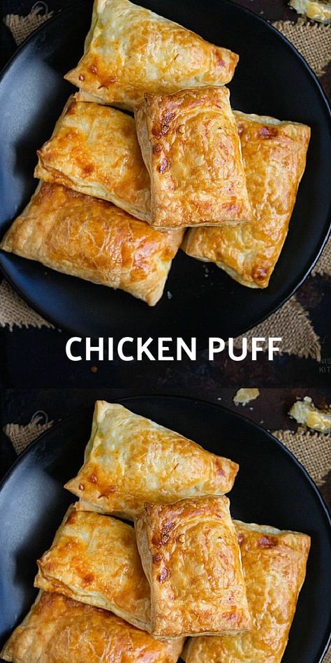 Baked Chicken Puff Pastry, Chicken In A Pastry, Puff Pastry Recipes With Chicken, Chicken Stuffed Puff Pastry, Chicken Pasty Puff Pastries, Spicy Chicken Puff Pastry, Savory Recipes Using Puff Pastry, Chicken Turnovers Puff Pastries, Chicken Puff Pastry Recipes Appetizers