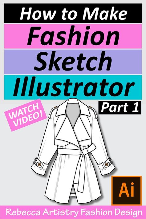 How to make a fashion sketch Illustrator. Watch video! Belted jacket black and white flat sketch. Adobe Illustrator logo. Rebecca Artistry Fashion Design Flat Sketches Fashion Adobe Illustrator, Flat Sketches Fashion Portfolio Layout, Digital Fashion Illustration Sketches, Adobe Illustrator Fashion Design, Flat Sketches Fashion, Adobe Hacks, Fashion Illustration Portfolio, Illustrator Fashion, Sketches Fashion