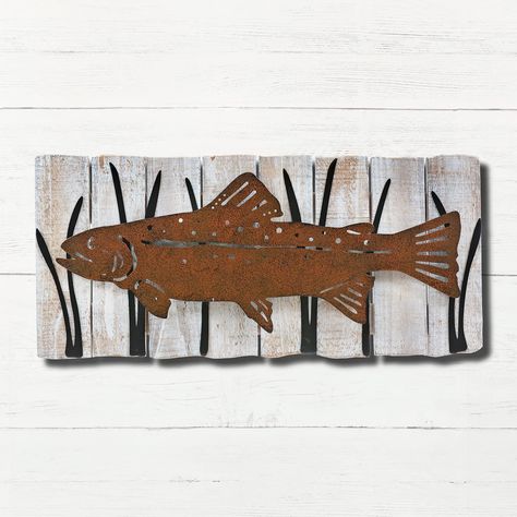 PRICES MAY VARY. 60 Day No Hassle Returns A Black Forest Decor Exclusive - Add lakeside style to any room with this metal and wood wall decor featuring a rustic river fish with a slatted wood background. 19 7/10"W x 1 1/2"D x 9"H. Rustic Fishing Decor, Ski Cabin Decor, Fishing Cabin Decor, Metal Paper Towel Holder, River Fish, Lake House Wall Art, Metal Fish Wall Art, Rustic Lake Houses, Carved Wood Wall Art