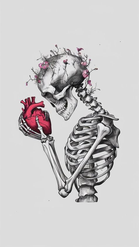 Aesthetic Bones Drawing, Mr Bones Skeleton, Skeleton Art With Flowers, X Ray Painting, Skeleton Flower Drawing, Black White Art Drawing, Female Skull Drawing, Grunge Heart Drawing, Skull And Flower Drawing