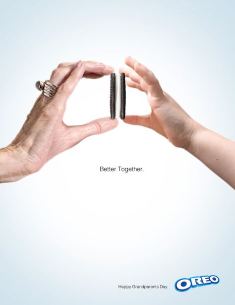 Oreo: The communication objective is to increase Brand liking/preference. The tagline "better together"describes not only the bond between a child and their grandparents, but also how the halves of the Oreo's together make for one delicious cookie.This ad also adds in an emotional appeal to consumers with the illustration of a young child's hand with the more aged hand of a grandparent, showing them together sharing a special moment. Happy Grandparents Day, Ads Creative Advertising Ideas, Oreo Cookie, Grandparents Day, Creative Ads, Ads Creative, Kids Hands, Creative Advertising, Tv Programmes