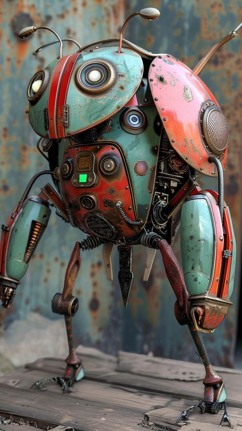 Beetle Robot Steampunk Robot Concept Art, Rusty Robot, Robot Inspiration, Robots Artworks, Steampunk Robots, Steampunk Robot, Inspirational Digital Art, Diy Robot, Retro Robot