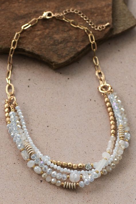 Multi-Strand Boho White Mixed Bead Necklace – Bronze Seal Necklace Lengths Guide, 3mm Bead Necklace, Multi Strand Necklace Diy, Tube Bead Necklace, Chain And Bead Necklace, Gemstone Beaded Jewelry, Boho Beaded Jewelry, Trending Beaded Jewelry, Boho Jewelry Necklaces