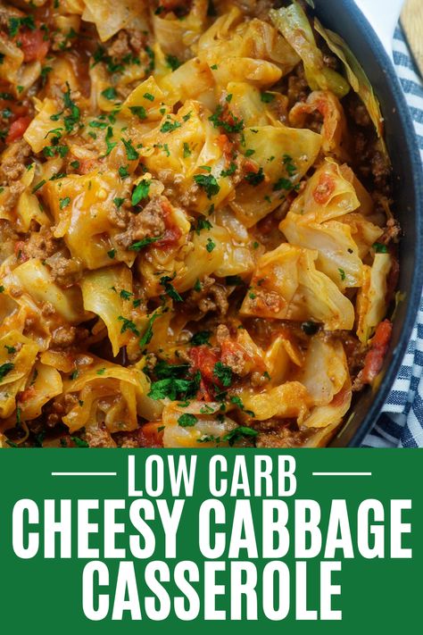 Cabbage casserole in black bowl with blue napkin. Cheeseburger Cabbage Casserole, Low Carb Beef And Cabbage, Low Carb Meals With Cabbage, Cheesy Cabbage Beef Skillet, Cabbage Ideas Healthy, Cheesy Cabbage Beef Casserole, Low Carb Cheesy Cabbage Casserole, Cheesy Ground Beef And Cabbage Skillet, Keto Hamburger And Cabbage Recipes