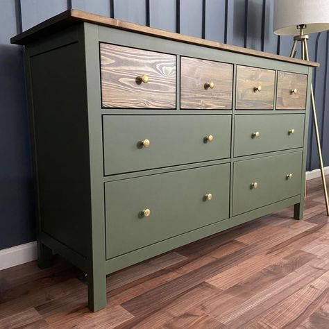 The Ikea Hemnes dresser is such an easy piece to add character to. Half Stained Half Painted Dresser, Refinished Hemnes Dresser, Green Hemnes Dresser, Wood Furniture Color Ideas, Refinished Ikea Hemnes Dresser, Updated Dresser Ideas, Refurbished Old Dresser, Upcycled Ikea Dresser, Two Tone Green Dresser