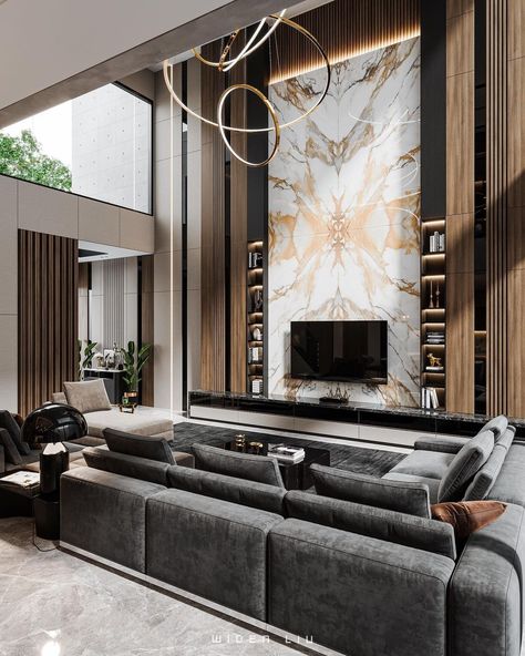 Ruang Tv Modern, Diy Home Decor Fall, High Ceiling Living Room Modern, Living Room Designs Modern Luxury, Living Room Designs Modern, Double Height Living Room, Ruang Tv, Modern Luxury Living Room, High Ceiling Living Room