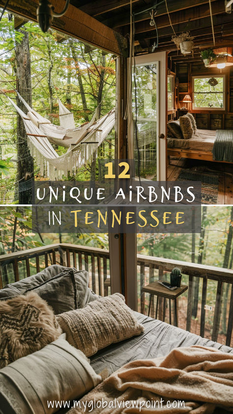 Interior and exterior views of a cozy treehouse Airbnb in Tennessee, showcasing a hammock on the porch and a comfortable bed with forest views. Perfect for a cabin weekend getaway or a relaxing vacation in the woods. Airbnb Cabin Ideas, Cabins In Gatlinburg Tennessee, Treehouse Vacations, Treehouse Airbnb, Cabin Weekend, Tiny House Rentals, Tennessee Cabins, Unique Vacation Rentals, Spa Getaways