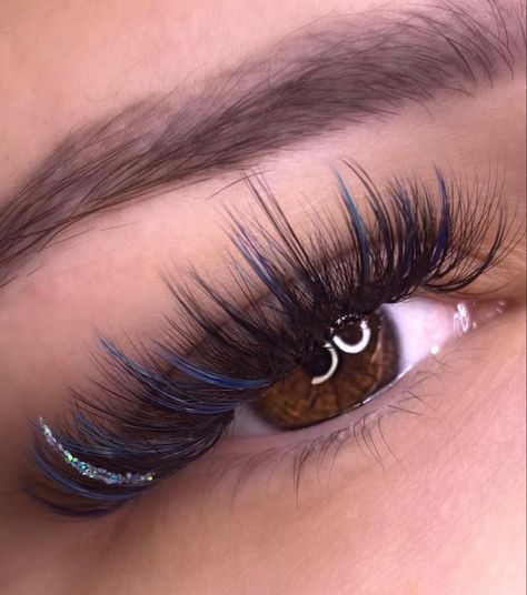 Lashes With Blue Color, Color Lash Sets, Eyelash Extensions With Glitter, Blue Lashes Extensions, Lash Extensions With Blue, Creative Lash Extensions, Lash Extensions With Glitter, Colorful Lash Extensions, Eyelash Extensions Styles With Color