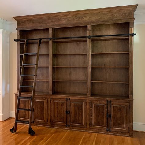 Ladder Library Bookshelves, Antique Built In Bookcase, Victorian Gothic Bookshelf, Walnut Bookcase Built In, Old Fashioned Bookshelves, Home Library Bookcases, Old World Library Room, Built In Library Wall With Ladder, Custom Bookcases Built Ins