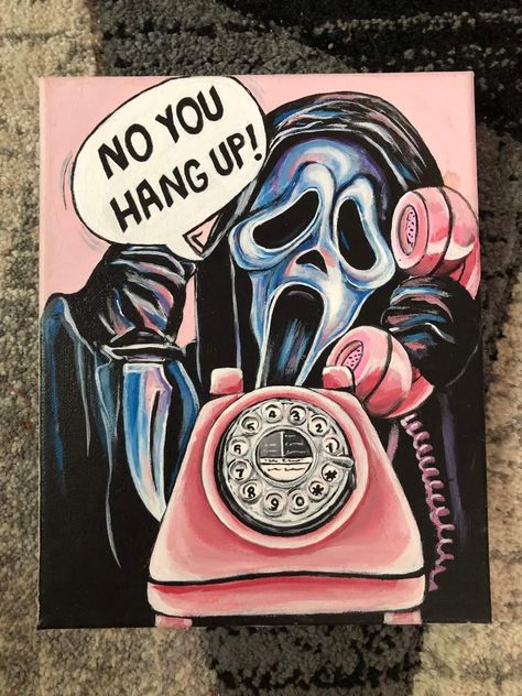 Scream Halloween Painting, Ghost Face Painting Ideas, Scream Ghostface Drawing, Ghostface Painting Canvas, Scream Art Ghostface, Scary Movie Paintings, Painting Ideas On Canvas Big, Movie Paintings Ideas, Scream Painting Ideas