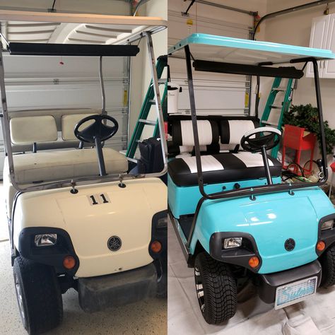 Golf Cart Customization, Club Car Golf Cart Makeover, Golf Cart Color Ideas, Golf Cart Restoration, Golf Cart Makeover Ideas, Golf Cart Remodel, Golf Cart Paint Jobs, Golf Cart Makeover, Gold Cart