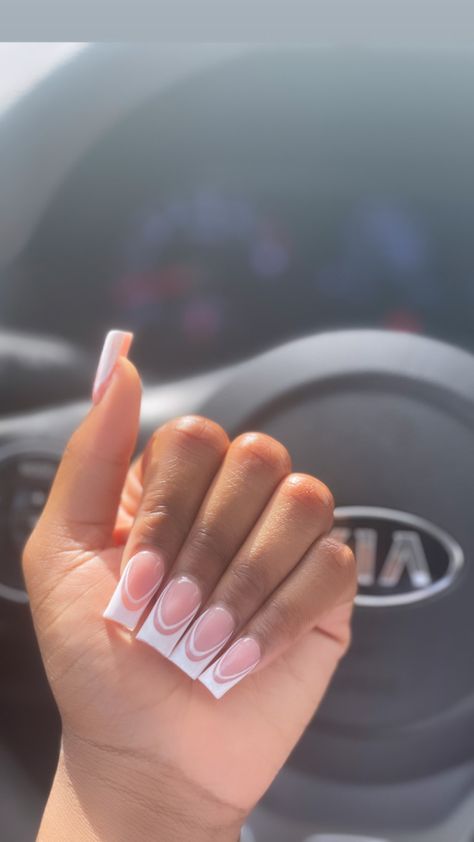 White V French Tip Nails Square, Medium French Acrylics, Full Set Nails Acrylic French Tips, Negative Space Nails Coffin, Negative Space French Tip Nails, Short Double French Nails, Short V French Tip Acrylic Nails, Medium Acrylic Nails French, Square Nails Ideas Medium French Tip