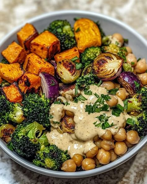 Roasted Veggie and Chickpea Bowls Veggie Bowls Healthy, Chickpea Bowls, Crunchy Chickpeas, Veggie Bowl, Mediterranean Dishes, Roasted Chickpeas, Canned Chickpeas, Fresh Veggies, Roasted Veggies