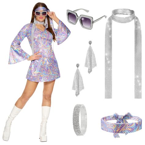 PRICES MAY VARY. Set Includes: This womens Halloween costumes 70s costume disco outfit includes a purple disco sensation 70's dress, a matching headwear, a pair of glasses, a pair of earrings, a bracelet and a scarf. Get ready to boogie and groove on the dance floor with this retro-inspired costume. Quality Material: Crafted from 100% polyester, our 70s outfit for women party costume, 70s disco costume woman with a sparkly gogo dress and 70s accessories is durable, ultra-soft, and comfortable to Groovy Disco Party Outfit, Hippy Halloween Costumes For Women, Decades Costume Ideas, Cute Adult Halloween Costumes, 70s Costume Ideas For Women, 70s Gogo Dancer, 70s Party Outfits Women, Disco Queen Costume, Halloween Costumes 70s