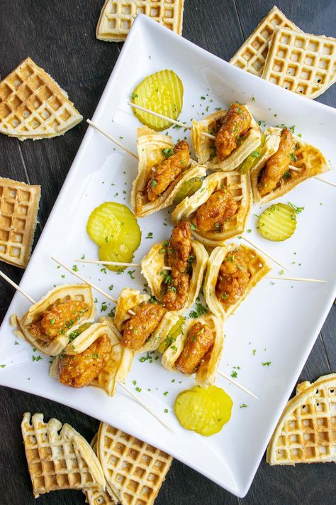 Chicken And Waffles Appetizer, Waffle Skewers, Chicken And Waffle Sliders, Mini Chicken And Waffles, Maple Sauce, Waffle Sliders, Chicken Waffles, Sweet And Spicy Chicken, Fluffy Waffles