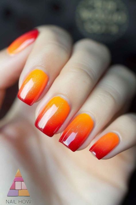 Orange Red Yellow Nails, Red And Yellow Nail Designs, Red And Yellow Nails, Iconic Red Lipstick, Red Orange Nails, Red Summer Nails, Fall Nail Inspo, Vibrant Gradient, Silk Wrap Nails