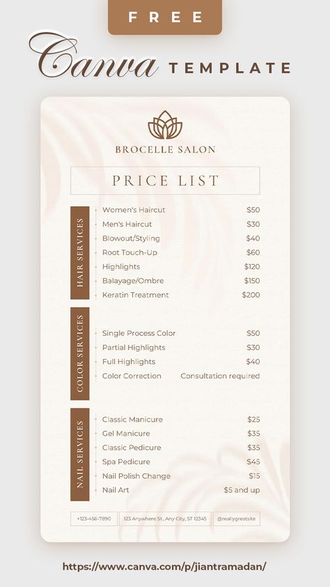 Beige and Brown Aesthetic Neutral Beauty Salon Price List Design Price List Design Salon Nails, Canva List Template, Price List Salon Design, Beauty Salon Menu Design, Aesthetic Price List Template, Salon Pricelist Design, Menu List Design Ideas, Salon Menu Card Design, Beauty Salon Price List Template