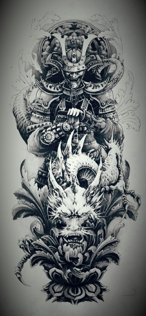 Split Oni Mask Tattoo Design, Dragon Tattoo Designs Forearm, Japanese Dragon And Samurai Tattoo, Samurai Sleeve Tattoo Design, Samurai Dragon Tattoo Design, Japanese Air Tattoo, Calve Sleeve Tattoo, Japanese Tattoo Art Forearm, Samurai With Dragon Tattoo