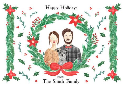 Custom Illustrated Family Portrait / Pine Wreath Christmas Holiday Card ( Digital File, Printable DI Custom Illustrated Family Portrait, Christmas Card Family, Illustrated Holiday Cards, Reindeer Horns, Baby Due Date Calendar, Christmas Portrait, Christmas Card Printable, Christmas Portraits, Custom Watercolor Portrait