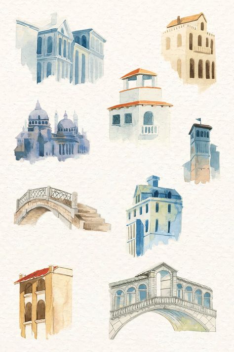 Painting Buildings Watercolor, Watercolor Old Buildings, Buildings In Watercolor, Italian Buildings Drawing, Architectural Building Sketches, Old Architecture Painting, European Buildings Architecture, Watercolour Architecture Drawings, Building Drawing Watercolor