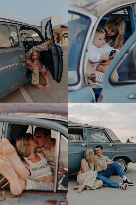 Vintage Family Photoshoot Outfits, Vintage Truck Family Photos, Family Photos With Car, Old Car Family Photoshoot, Vintage Car Family Photoshoot, Car Family Photoshoot, Creative Family Photos, Retro Car Photoshoot, Retro Family Photos