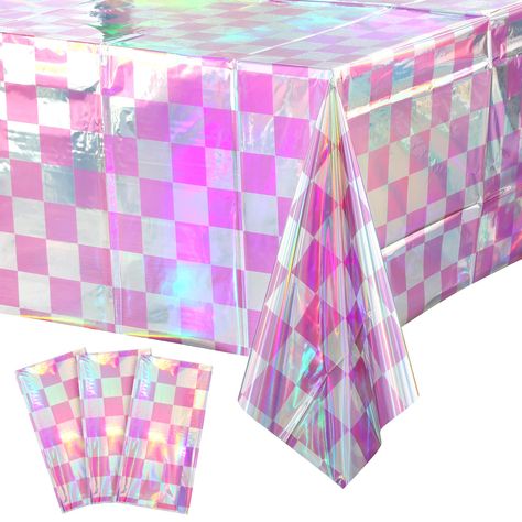 PRICES MAY VARY. Package Includes: You will receive 3 pink and iridescent checkered plastic tablecloths. Each iridescent pink table cover measures approx 54 x 108 inches, fits any rectangular table up to 8 feet in length, suitable for party decoration. Shimmery Laser Checker Tablecloth: The pink buffalo plaid tablecloths for parties feature a shiny holographic design, and it shows different color effects under different light, all very beautiful and shiny, which will be a highlight of your party Pink Checkered Birthday Party, Iridescent Party Decorations, Pink Table Cover, Picnic Style Party, Iridescent Party, Disposable Tablecloth, Holographic Design, Pink Party Decorations, Table Cloth Decorations