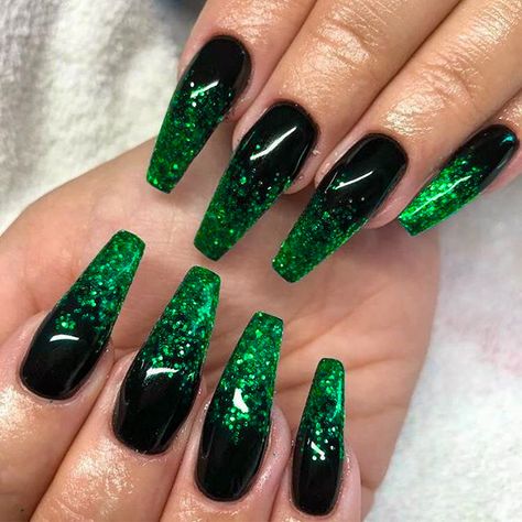 Black With Green Sparkle Nails, Elfaba Wicked Nails, Black And Jade Nails, Grey Nail Inspiration, Money Green Nails Designs, Dark Green Nails Glitter, Dead Nails Design, Emerald City Nails, Wicked Musical Inspired Nails