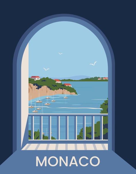 Monaco poster landscape. coast scenic view in windows. vector illustration with minimalist style. Illustration Art Building, Minimalist Travel Poster, Monaco Painting, Window View Illustration, Monaco Illustration, Poster Design Landscape, Magical Places Aesthetic, Vector Landscape Illustration, Travel Vector Illustration