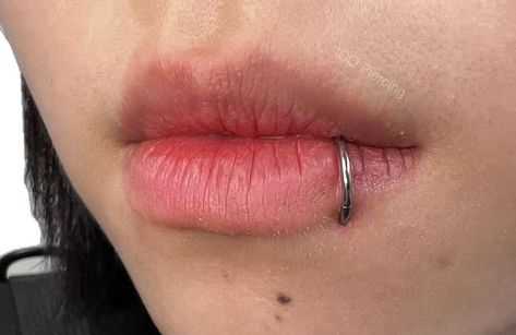 One Lip Piercing, Piercing Lip Ring, Single Snake Bite Piercing, Mouth Piercings Lips, Lip Ring Aesthetic, Lip Percing, Piercing Labret Lateral, Lip Piercings Aesthetic, Snake Bites Lip Piercing