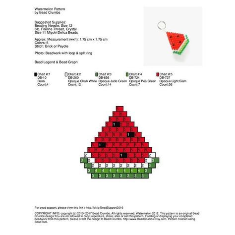 Watermelon pattern designed waaay back in 2012. . Hi Beaders! I love sharing my patterns and I'm glad you are enjoying it too. However, when posting photos made from my patterns, please credit Bead Crumbs Hawaii, [at]beadcrumbshawaii, to preserve my designer rights. I appreciate your consideration! . * ©️ copyright Bead Crumbs pattern. 2010 - 2017. All rights reserved.* Beaded Watermelon, Watermelon Pattern, Bead Crochet Patterns, Brick Stitch Earrings, Beaded Jewlery, Brick Stitch Pattern, Bead Charms Diy, Seed Bead Patterns, Beading Needles