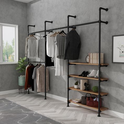 PRICES MAY VARY. 【Industrial Style】:The clothing rack is crafted from metal pipes, easy to match with different styles of room or scene.The bottom is supported by flanges to ensure stable rack. 【Clothing Rack Dimensions】: Length115'' x Height83'' x Depth7.9''. 【Organizer System for Clothes】:As a room essentials,it suitable for retail store,laundry room,bedroom,boutiques,kitchen,pantry. 【Enough storage space】:The hanging rod can be hanging clothes, and the vacant place at the bottom can be used t Pipe Closet, Industrial Pipe Clothing Rack, Wall Mounted Closet, Clothing Rack Bedroom, Pipe Clothes Rack, Rolling Clothes Rack, Industrial Clothing, Clothing Racks, Wardrobe Bedroom