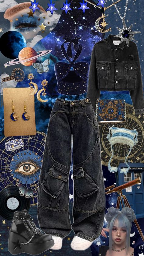 blue astrology girl #outfit #outfitinspo #inspo #blue #star #galaxy #pants #top #purse #hat #cute #jewelry #necklace #ring #earring #astrology #whimsigoth #goth Cute Star Themed Outfits, Space Themed Outfit Ideas, Blue Alien Aesthetic, Blue Star Outfit, Alien Core Outfits, Space Core Outfits, Blue Goth Outfits, Spacecore Fashion, Spacecore Outfits